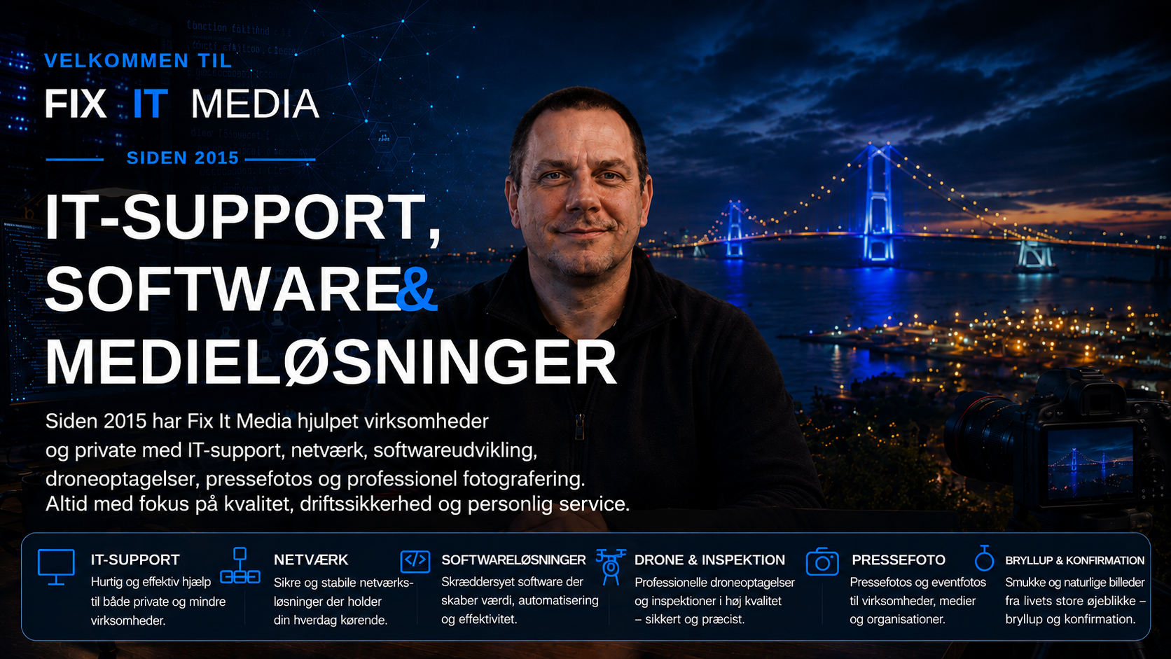 Fix It Media hero banner med tekst og grafik ai genereret.